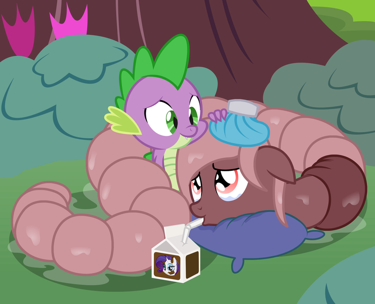 Size: 2454x1988 | Tagged: safe, artist:badumsquish, derpibooru import, rarity, spike, oc, oc:annelida, cow, dragon, earthworm, monster pony, original species, worm, worm pony, carton, chocolate, chocolate milk, coils, comforting, crying, cuddling, drink, drinking, duo, female, floppy ears, food, golden oaks library, hug, ice pack, licking, licking lips, male, milk, one eye closed, pillow, raricow, sad, slimy, smiling, species swap, straw, tongue out, wink