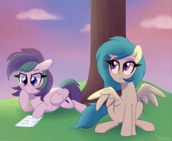 Size: 2000x1650 | Tagged: safe, artist:darkynez, derpibooru import, oc, oc:spooky glare, oc:violet blaze, unofficial characters only, pegasus, pony, blushing, duo, female, folded wings, mare, outdoors, prone, reading, sitting, spread wings, tree, under the tree, wings