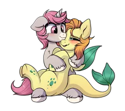 Size: 1547x1371 | Tagged: safe, artist:confetticakez, derpibooru import, oc, oc:coral charm, oc:intrepid charm, unofficial characters only, pony, unicorn, blushing, cuddling, cute, gay, male, seaquestrian pegasus, simple background, snuggling, stallion, transparent background