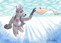 Size: 1280x905 | Tagged: safe, artist:konstantin-kholchev, derpibooru import, twilight sparkle, anthro, unicorn, air tank, bodysuit, camera, clothes, colored pencil drawing, curvy, diving, diving goggles, diving suit, female, flippers, gloves, hooded wetsuit, nose clip, ocean, ray (fish), rebreather, scuba, scuba diving, traditional art, underwater, unicorn twilight, wetsuit
