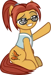 Size: 1328x1932 | Tagged: safe, artist:lightning stripe, derpibooru import, oc, oc:caramel swallowtail, earth pony, pony, brown eyes, clothes, cutie mark, female, glasses, lidded eyes, mare, orange coat, ponytail, red mane, shit eating grin, show accurate, simple background, sitting, smug, solo, transparent background, vest