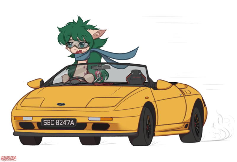 Size: 2395x1637 | Tagged: safe, alternate version, artist:orang111, derpibooru import, oc, oc:acorn, pony, car, clothes, driving, goggles, lotus elan, roadster, scarf