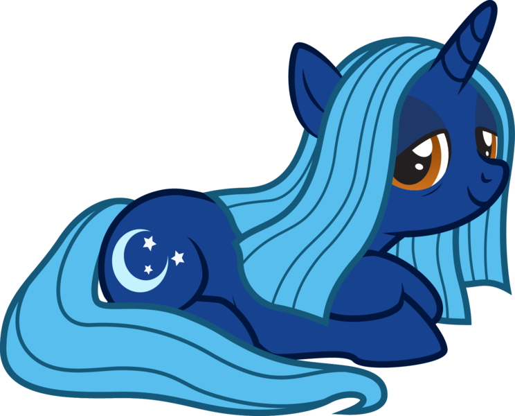 Size: 1675x1351 | Tagged: safe, artist:lightning stripe, derpibooru import, oc, oc:moonlight dream, pony, unicorn, blue coat, blue mane, cutie mark, female, horn, lidded eyes, long tail, lying, lying down, mare, orange eyes, show accurate, simple background, smiling, solo, straight hair, transparent background