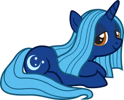 Size: 1675x1351 | Tagged: safe, artist:lightning stripe, derpibooru import, oc, oc:moonlight dream, pony, unicorn, blue coat, blue mane, cutie mark, female, horn, lidded eyes, long tail, lying, lying down, mare, orange eyes, show accurate, simple background, smiling, solo, straight hair, transparent background