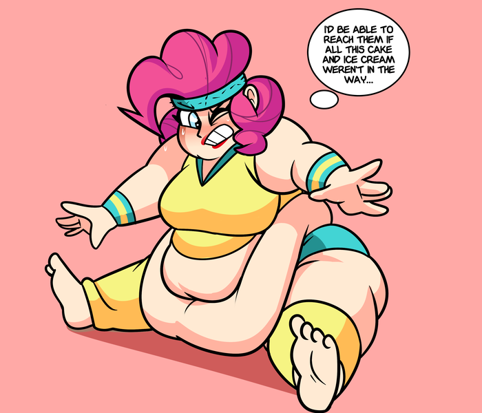 Size: 3000x2573 | Tagged: aerobics, artist:superspoe, belly, big belly, big breasts, blushing, breasts, clothes, derpibooru import, fat, feet, gym uniform, headband, human, humanized, morbidly obese, obese, piggy pie, pinkie pie, pudgy pie, shorts, speech bubble, suggestive, sweatband, workout outfit