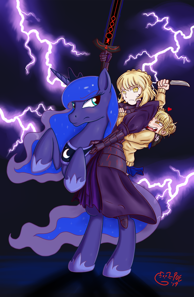 Size: 913x1400 | Tagged: safe, artist:poethewondercat, derpibooru import, princess luna, alicorn, pony, crossover, crown, excalibur, excalibur morgan, fate/grand order, female, himiko toga, jewelry, lightning, mare, my hero academia, regalia, saber alter, trio