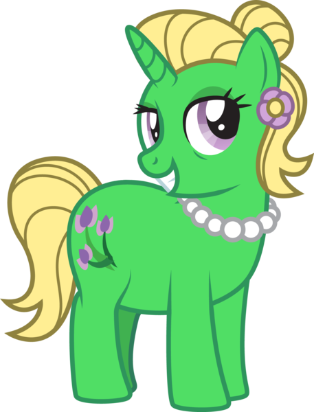 Size: 1438x1890 | Tagged: safe, artist:lightning stripe, derpibooru import, oc, oc:petunia bloom, pony, unicorn, chubby, cutie mark, female, flower, flower in hair, green coat, grin, hair bun, horn, jewelry, mare, necklace, pearl necklace, pink eyes, show accurate, simple background, smiling, solo, transparent background, yellow mane