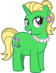 Size: 1438x1890 | Tagged: safe, artist:lightning stripe, derpibooru import, oc, oc:petunia bloom, pony, unicorn, chubby, cutie mark, female, flower, flower in hair, green coat, grin, hair bun, horn, jewelry, mare, necklace, pearl necklace, pink eyes, show accurate, simple background, smiling, solo, transparent background, yellow mane