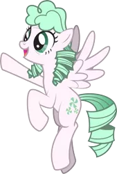 Size: 1804x2668 | Tagged: safe, artist:lightning stripe, derpibooru import, oc, oc:sugar mint, unofficial characters only, pegasus, pony, cutie mark, female, flying, green eyes, green mane, long legs, mare, pigtails, show accurate, simple background, smiling, solo, tall, transparent background, twintails, white coat, wings, wrinkles