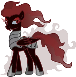 Size: 2383x2401 | Tagged: safe, artist:lightning stripe, derpibooru import, oc, oc:sorpresa, pegasus, pony, umbrum, armor, black coat, ethereal mane, eye smoke, fangs, female, mare, red and black oc, red eyes, red mane, show accurate, slit eyes, slit pupils, smoke, solo, tall, umbrum oc, wings