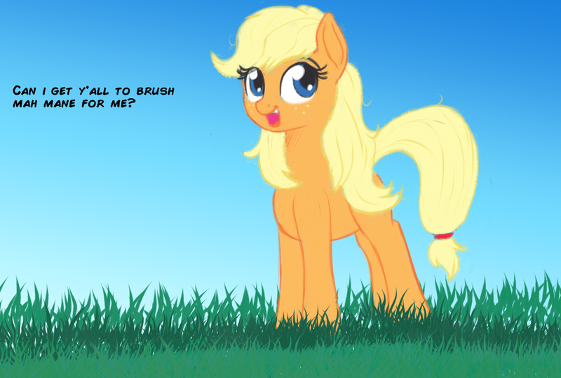 Size: 1348x908 | Tagged: safe, artist:cosmonaut, derpibooru import, applejack, pony, bronybait, grass, hatless, looking at you, missing accessory, solo