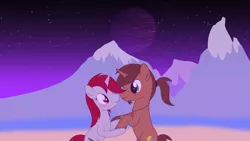 Size: 7680x4320 | Tagged: safe, artist:waveywaves, derpibooru import, oc, oc:coppercore, oc:waves, unofficial characters only, pony, marriage proposal, mountain, mountain range, planet, shipping, space