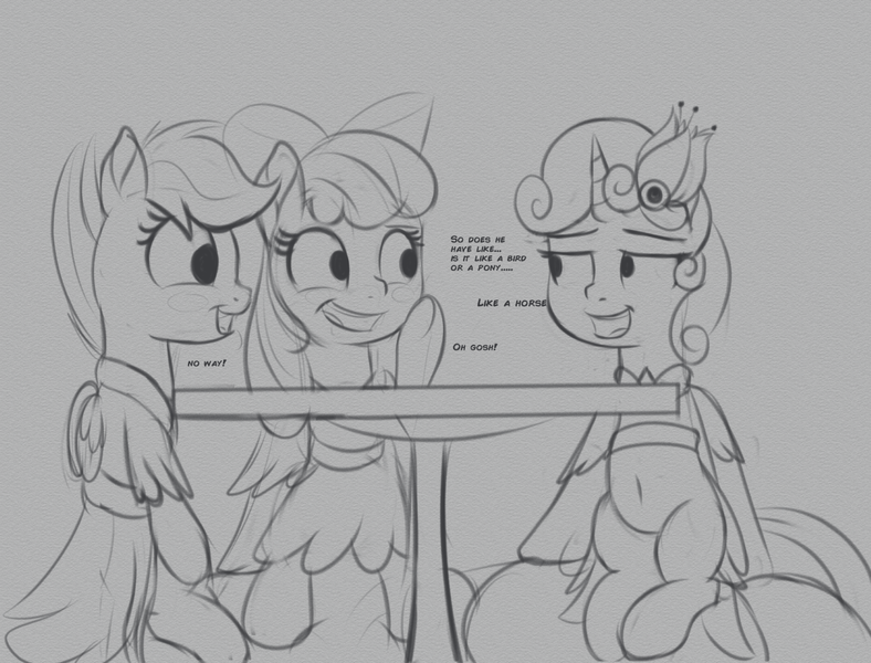 Size: 1260x960 | Tagged: suggestive, artist:cosmonaut, derpibooru import, apple bloom, scootaloo, sweetie belle, terramar, earth pony, pegasus, pony, unicorn, belly button, blushing, clothes, cutie mark crusaders, dress, female, gossip, gray background, grayscale, grin, innuendo, lidded eyes, male, mare, monochrome, older, prom, shipping, simple background, sitting, smiling, straight, terrabelle