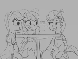 Size: 1260x960 | Tagged: suggestive, artist:cosmonaut, derpibooru import, apple bloom, scootaloo, sweetie belle, terramar, earth pony, pegasus, pony, unicorn, belly button, blushing, clothes, cutie mark crusaders, dress, female, gossip, gray background, grayscale, grin, innuendo, lidded eyes, male, mare, monochrome, older, prom, shipping, simple background, sitting, smiling, straight, terrabelle