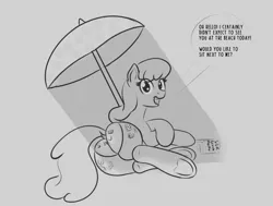 Size: 1150x868 | Tagged: suggestive, artist:cosmonaut, derpibooru import, cheerilee, earth pony, pony, beach, bikini, bikini bottom, both cutie marks, butt, clothes, dock, female, flowerbutt, gray background, grayscale, hooves, looking at you, looking back, looking back at you, mare, monochrome, plot, shade, side, simple background, smiling, solo, solo female, swimsuit, the ass was fat, tight clothing, tight fit, umbrella, underhoof, underwear