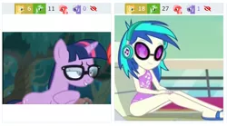 Size: 489x272 | Tagged: safe, derpibooru import, screencap, sci-twi, sunset shimmer, twilight sparkle, vinyl scratch, ponified, pony, unicorn, derpibooru, equestria girls, equestria girls series, spring breakdown, spoiler:eqg series (season 2), clothes, duo, equestria girls ponified, juxtaposition, lidded eyes, meta, swimsuit, unicorn sci-twi