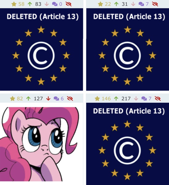 Size: 2495x2737 | Tagged: april fools, april fools 2019, article 13, artist:pizzamovies, derpibooru, derpibooru import, juxtaposition, juxtaposition win, meme, meta, oc, oc:derpi dot, pinkie pie, safe