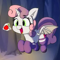Size: 2089x2090 | Tagged: safe, artist:pabbley, derpibooru import, sweetie belle, alicorn, bat pony, bat pony alicorn, pony, alicornified, apple, bat ponified, bat wings, clothes, colored, cute, diasweetes, ear fluff, exclamation point, fangs, female, food, horn, open mouth, race swap, smiling, socks, solo, speech bubble, sweetie bat, sweetiecorn, wings