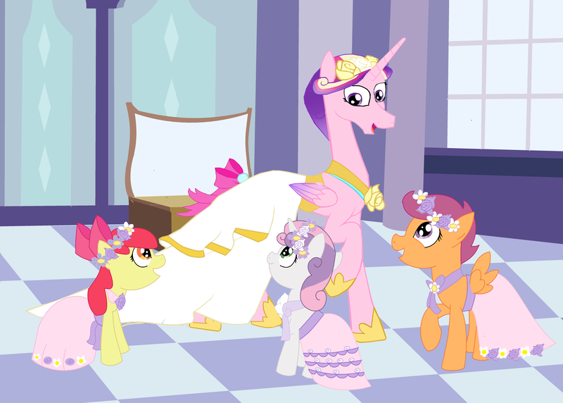 Size: 5848x4184 | Tagged: safe, artist:mr100dragon100, derpibooru import, apple bloom, princess cadance, scootaloo, sweetie belle, alicorn, pony, a canterlot wedding, bride, bridesmaid dress, clothes, cutie mark crusaders, dress, female, flower filly, flower girl, flower girl dress, marriage, wedding, wedding dress, wedding veil