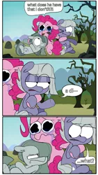 Size: 1080x1920 | Tagged: safe, artist:pinkiespresent, derpibooru import, limestone pie, marble pie, pinkie pie, earth pony, pony, the maud couple, ..., :t, annoyed, chibi, comic, crying, dialogue, eye clipping through hair, eye contact, female, floppy ears, frown, glare, hair over one eye, hug, lidded eyes, looking at each other, looking up, marble pie is not amused, mare, on back, one eye closed, open mouth, pie sisters, rock farm, sad, siblings, sisters, sitting, snot, speech bubble, teary eyes, text, unamused, underhoof, wavy mouth, wide eyes, wink