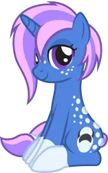 Size: 1126x1791 | Tagged: safe, artist:lightning stripe, derpibooru import, oc, oc:everstar, unofficial characters only, pony, unicorn, blue coat, cutie mark, dappled, freckles, hair over one eye, horn, purple eyes, purple mane, show accurate, sitting, socks (coat marking), solo