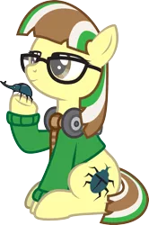 Size: 1233x1861 | Tagged: safe, artist:lightning stripe, derpibooru import, oc, oc:beetle beat, oc:hercules, unofficial characters only, pony, rhinoceros beetle, brown eyes, brown mane, clothes, cutie mark, glasses, headphones, scarf, show accurate, sitting, solo, sweater, yellow coat