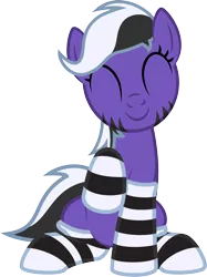 Size: 1338x1793 | Tagged: safe, artist:lightning stripe, derpibooru import, oc, oc:lightning stripe, unofficial characters only, pony, clothes, cute, eyes closed, happy, makeup, ocbetes, one leg raised, show accurate, simple background, sitting, socks, solo, striped socks, stripes, transparent background