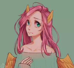 Size: 1280x1182 | Tagged: anime, artist:sushushshush, clothes, derpibooru import, eared humanization, female, fluttershy, green background, human, humanized, off shoulder, safe, simple background, solo, winged humanization, wings