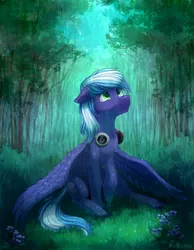 Size: 1900x2444 | Tagged: safe, artist:hakaina, derpibooru import, oc, oc:moonlight drop, pegasus, pony, bush, flower, forest, grass, headphones, male, nature, rain, sad, sitting, solo, stallion, tree, wings