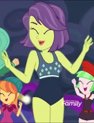 Size: 492x640 | Tagged: safe, derpibooru import, screencap, drama letter, garden grove, orange sunrise, victoria, watermelody, equestria girls, equestria girls series, spring breakdown, spoiler:eqg series (season 2), clothes, discovery family logo, female, offscreen character, swimsuit