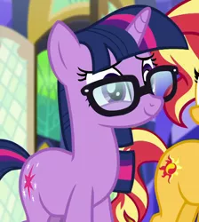 Size: 834x931 | Tagged: safe, derpibooru import, screencap, sci-twi, sunset shimmer, twilight sparkle, ponified, pony, unicorn, equestria girls, equestria girls series, spring breakdown, spoiler:eqg series (season 2), cropped, cute, cutie mark, equestria girls ponified, female, glasses, mare, offscreen character, smiling, twiabetes, unicorn sci-twi