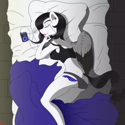 Size: 3000x3000 | Tagged: anthro, artist:rarityismywaifu, ass, bed, breasts, butt, clothes, derpibooru import, eyeshadow, female, freckles, laying on bed, lipstick, lying down, makeup, music player, oc, oc:lamika, on bed, panties, pegasus, sleeping, suggestive, tanktop, underwear, unofficial characters only