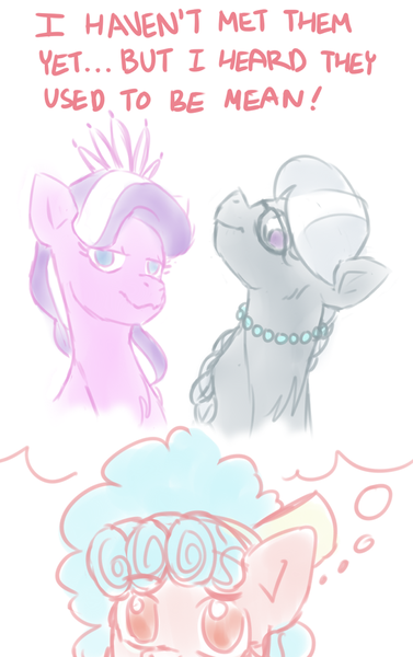 Size: 692x1100 | Tagged: artist needed, safe, derpibooru import, cozy glow, diamond tiara, silver spoon, earth pony, pegasus, pony, ask cozy glow, :3, chest fluff, colored pupils, female, filly, glasses, head tilt, jewelry, lidded eyes, looking at you, necklace, pearl necklace, raised eyebrow, simple background, sketch, smiling, smirk, thinking, thought bubble, white background