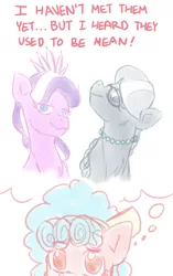 Size: 692x1100 | Tagged: artist needed, safe, derpibooru import, cozy glow, diamond tiara, silver spoon, earth pony, pegasus, pony, ask cozy glow, :3, chest fluff, colored pupils, female, filly, glasses, head tilt, jewelry, lidded eyes, looking at you, necklace, pearl necklace, raised eyebrow, simple background, sketch, smiling, smirk, thinking, thought bubble, white background