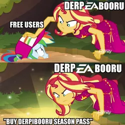 Size: 1080x1080 | Tagged: safe, derpibooru import, edit, edited screencap, screencap, rainbow dash, sunset shimmer, equestria girls, spring breakdown, april fools, april fools 2019, april fools joke, caption, electronic arts, image macro, impact font, meme, meta, quicksand meme, text