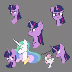 Size: 1500x1500 | Tagged: safe, artist:friendlyraccoon, derpibooru import, princess celestia, sweetie belle, twilight sparkle, alicorn, pony, unicorn, mentally advanced series, bust, dialogue, female, filly, mare, peytral, sketch, thrackerzod