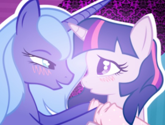 Size: 537x406 | Tagged: suggestive, artist:bri-sta, artist:illuminatiums, artist:xxcandycartoonxx, derpibooru import, princess luna, twilight sparkle, alicorn, pony, unicorn, bedroom eyes, blushing, eye contact, female, horn, horns are touching, imminent kissing, lesbian, looking at each other, mare, s1 luna, shipping, twiluna, unicorn twilight