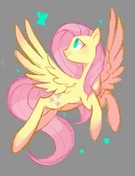 Size: 1523x1980 | Tagged: source needed, safe, artist:pinweena30, derpibooru import, fluttershy, butterfly, pegasus, pony, female, flying, gray background, head turn, looking at something, looking up, mare, no pupils, simple background, smiling, solo, spread wings, wings