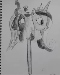 Size: 2448x3060 | Tagged: safe, artist:rockhoppr3, derpibooru import, princess cadance, queen chrysalis, changeling, pony, bust, monochrome, portrait, traditional art