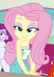 Size: 661x936 | Tagged: safe, derpibooru import, screencap, applejack, fluttershy, equestria girls, equestria girls series, spring breakdown, spoiler:eqg series (season 2), adorasexy, background human, beautiful, cropped, cute, female, lidded eyes, looking at you, offscreen character, sexdorable, sexy, shyabetes, sleeveless, solo, solo focus, stupid sexy fluttershy
