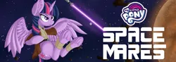 Size: 1000x350 | Tagged: safe, artist:sethisto, derpibooru import, twilight sparkle, twilight sparkle (alicorn), alicorn, pony, equestria daily, april fools, april fools 2019, banner, female, jedi, lightsaber, mare, my little pony logo, planet, solo, space, space mares, space mares daily, star wars, stars, weapon