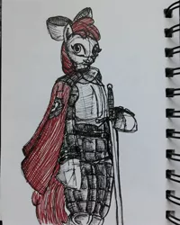 Size: 2448x3060 | Tagged: apple bloom, armor, artist:rockhoppr3, cape, clothes, cmc cape, derpibooru import, older, safe, semi-anthro, solo, sword, traditional art, weapon