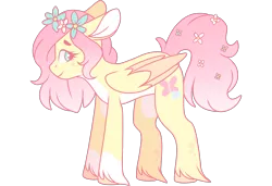 Size: 3000x2048 | Tagged: safe, artist:cinnamontee, derpibooru import, fluttershy, pegasus, pony, alternate design, female, floppy ears, floral head wreath, flower, flower in tail, folded wings, looking at you, mare, pale belly, profile, short mane, simple background, smiling, socks (coat marking), solo, standing, transparent background, two toned wings, unshorn fetlocks, wings