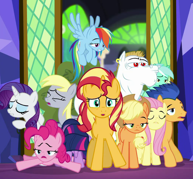 Size: 1046x968 | Tagged: safe, derpibooru import, screencap, applejack, bulk biceps, derpy hooves, flash sentry, fluttershy, lyra heartstrings, pinkie pie, rainbow dash, rarity, sci-twi, sunset shimmer, twilight sparkle, ponified, earth pony, pegasus, pony, unicorn, equestria girls, equestria girls series, spring breakdown, spoiler:eqg series (season 2), applejack's hat, cowboy hat, cropped, cutie mark, doppelganger, equestria girls ponified, eyes closed, female, hat, humane five, humane seven, humane six, it happened, male, mare, this will not end well, twilight's castle, unicorn sci-twi, wings