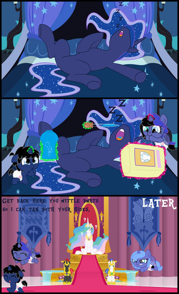 Size: 5600x9200 | Tagged: safe, alternate version, artist:evilfrenzy, derpibooru import, princess celestia, princess luna, oc, oc:cruithne, oc:frenzy, alicorn, pony, unicorn, age regression, alicorn oc, angry, april fools, april fools 2019, april fools joke, baby, baby pony, chase, colt, diaper package, dropper, female, filly, filly luna, foal, heterochromia, horn, levitation, magic, male, offspring, onomatopoeia, open mouth, parent:oc:frenzy, parent:princess luna, parents:canon x oc, prank, question mark, royal guard, sleeping, sound effects, telekinesis, underhoof, wings, woona, younger, zzz