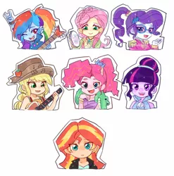 Size: 1010x1024 | Tagged: safe, artist:keeerooooo1, derpibooru import, applejack, fluttershy, gummy, pinkie pie, rainbow dash, rarity, sci-twi, sunset shimmer, twilight sparkle, equestria girls, friendship through the ages, rainbow rocks, ancient wonderbolts uniform, animal crossing, bare shoulders, bracelet, bust, clothes, country applejack, devil horn (gesture), female, folk fluttershy, guitar, humane five, humane seven, humane six, image, jewelry, jpeg, looking at you, musical instrument, new wave pinkie, one eye closed, open mouth, outline, rainbow punk, sgt. rarity, simple background, smiling, tambourine, uniform, white background, wink