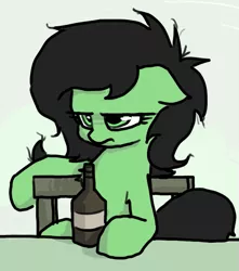 Size: 559x633 | Tagged: safe, artist:plunger, derpibooru import, oc, oc:anonfilly, unofficial characters only, pony, /mlp/, 4chan, alcohol, beer, bottle, female, filly, not amused face, simple background, sitting