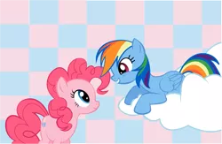 Size: 849x554 | Tagged: safe, artist:audoubled, derpibooru import, pinkie pie, rainbow dash, earth pony, pegasus, pony, cloud, female, lesbian, looking at each other, mare, shipping, smiling, vector