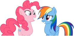 Size: 805x389 | Tagged: safe, artist:audoubled, derpibooru import, pinkie pie, rainbow dash, earth pony, pegasus, pony, female, lesbian, looking at each other, mare, pinkiedash, shipping, simple background, smiling, transparent background, vector