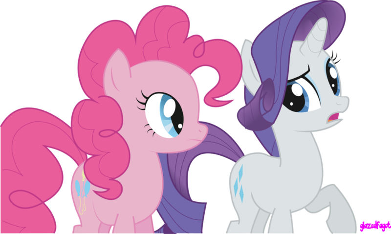 Size: 1024x613 | Tagged: safe, artist:audoubled, derpibooru import, pinkie pie, rarity, earth pony, pony, unicorn, dragonshy, female, mare, open mouth, raised hoof, simple background, smiling, transparent background